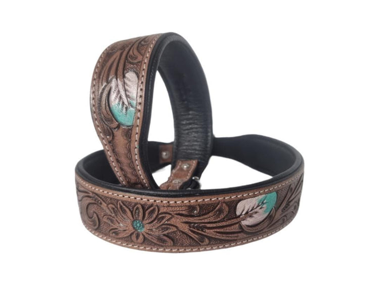Hand-Tooled Leather Dog Collar: Turquoise Feather, Western Boho Style