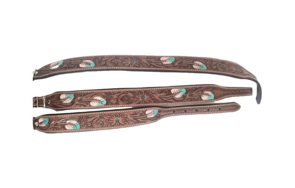 Hand-Tooled Leather Dog Collar: Turquoise Feather, Western Boho Style
