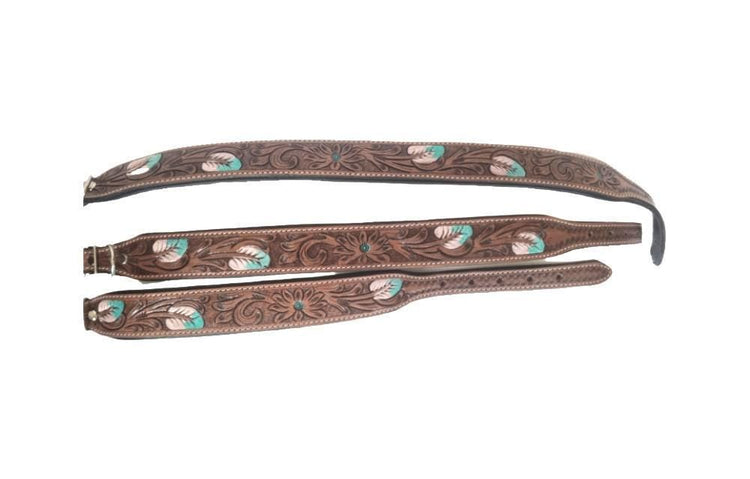 Hand-Tooled Leather Dog Collar: Turquoise Feather, Western Boho Style