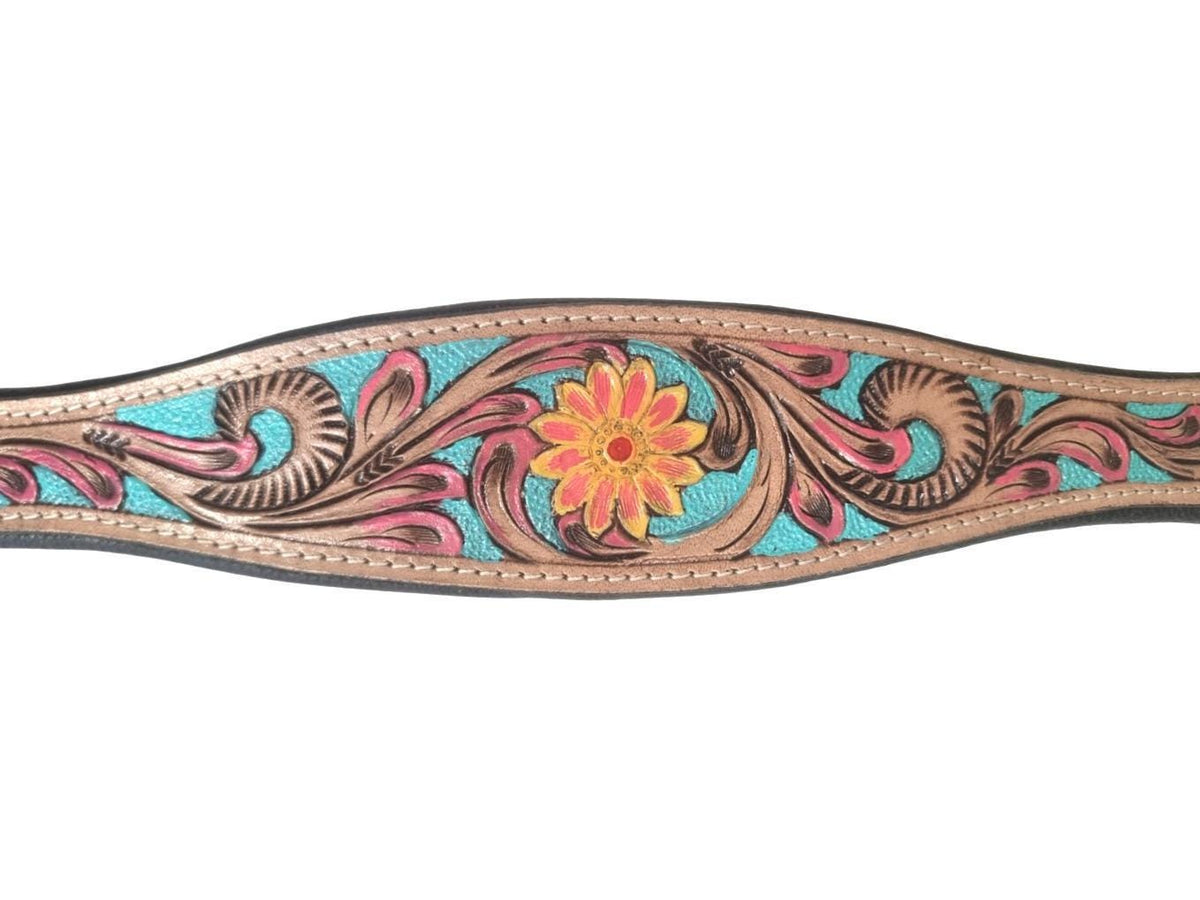 Hand Tooled Leather Dog Collar: Sunflower Boho Western Style