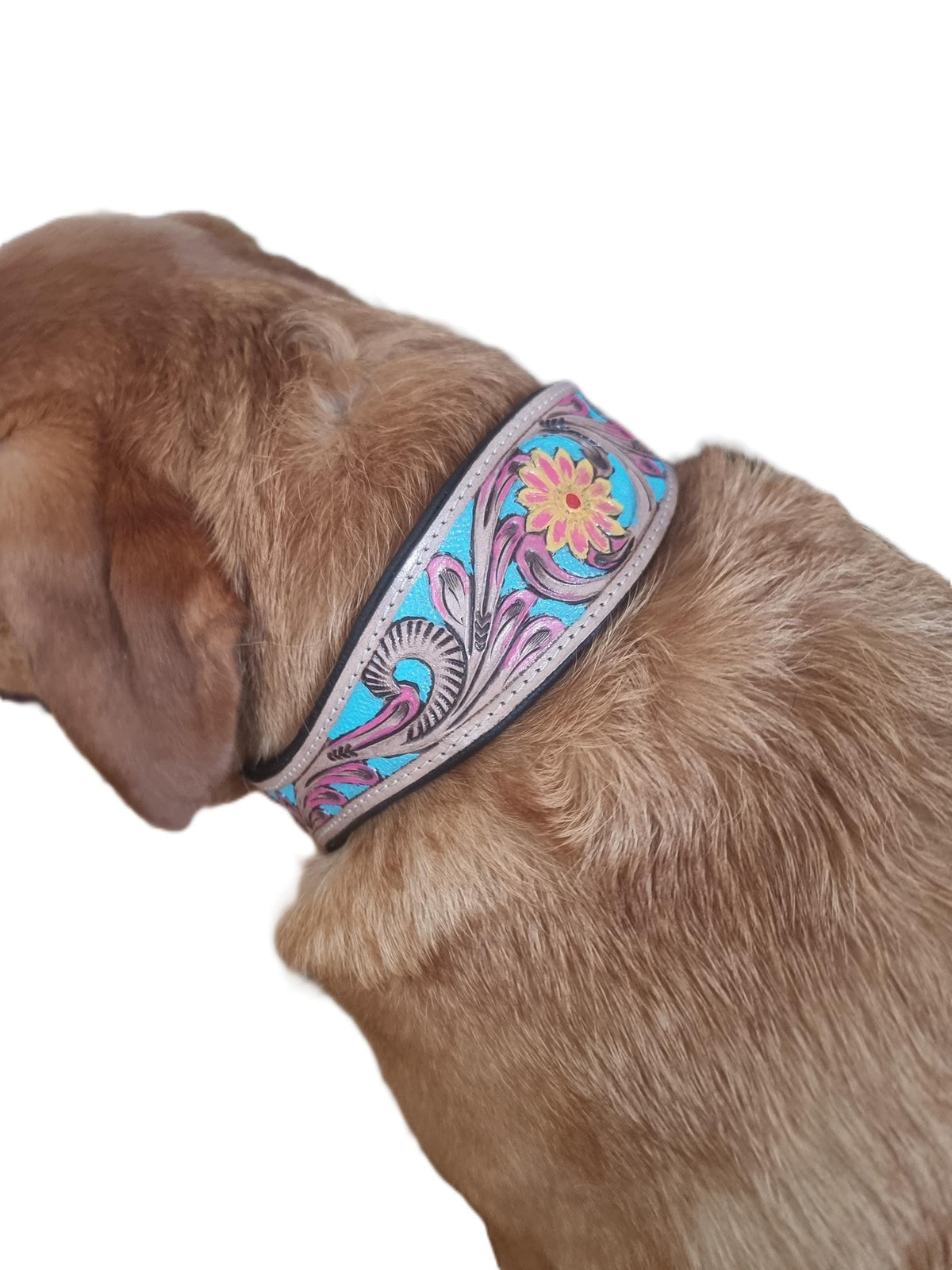Hand Tooled Leather Dog Collar: Sunflower Boho Western Style