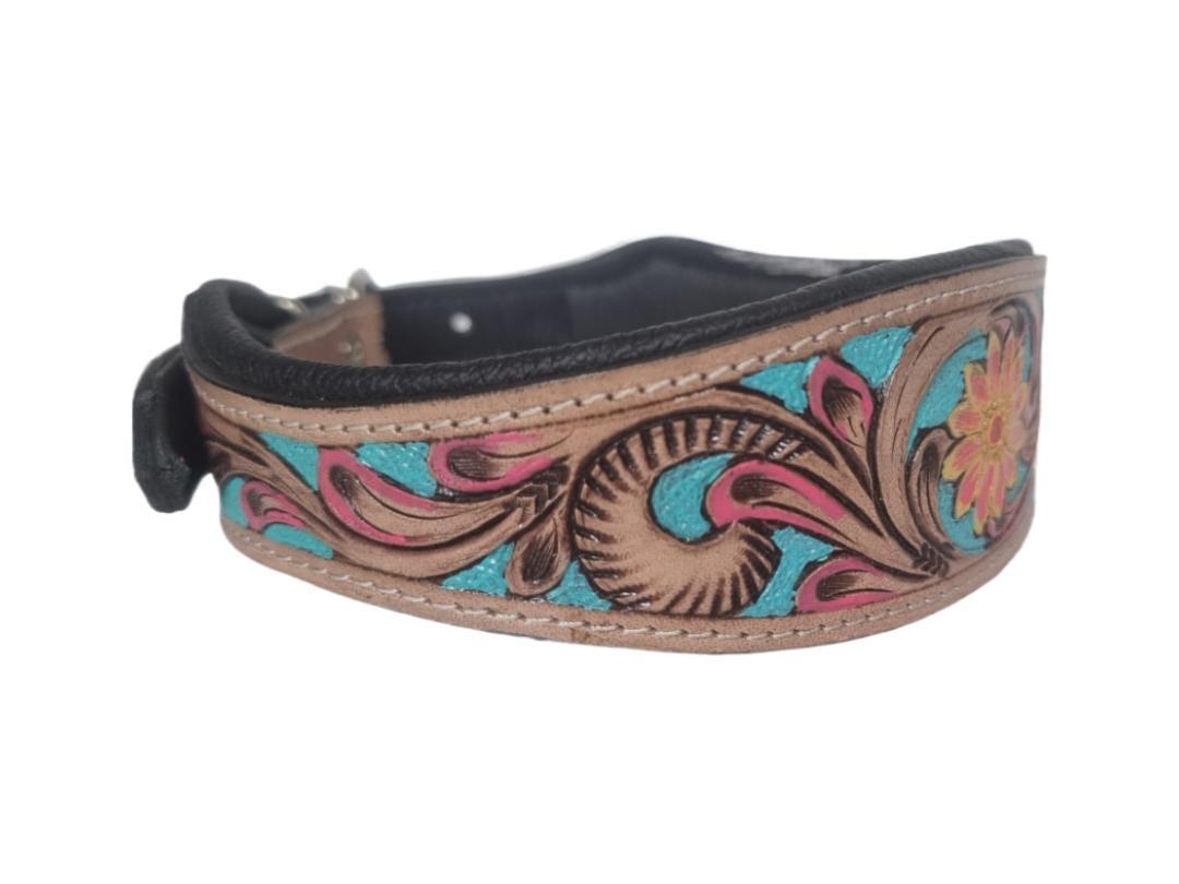 Hand Tooled Leather Dog Collar: Sunflower Boho Western Style