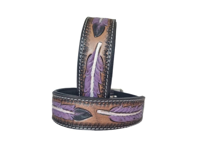 Hand Tooled Leather Dog Collar: Western Boho Feather Design
