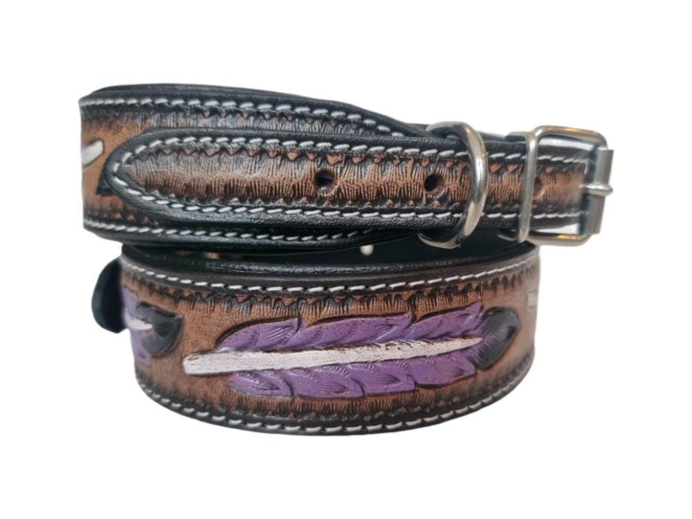 Hand Tooled Leather Dog Collar: Western Boho Feather Design