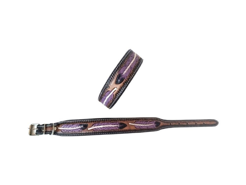 Hand Tooled Leather Dog Collar: Western Boho Feather Design