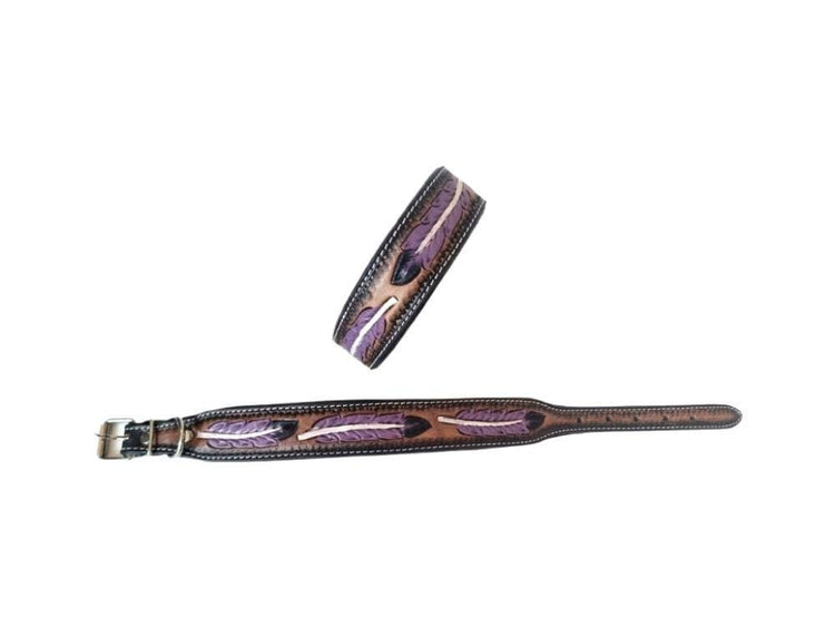 Hand Tooled Leather Dog Collar: Western Boho Feather Design
