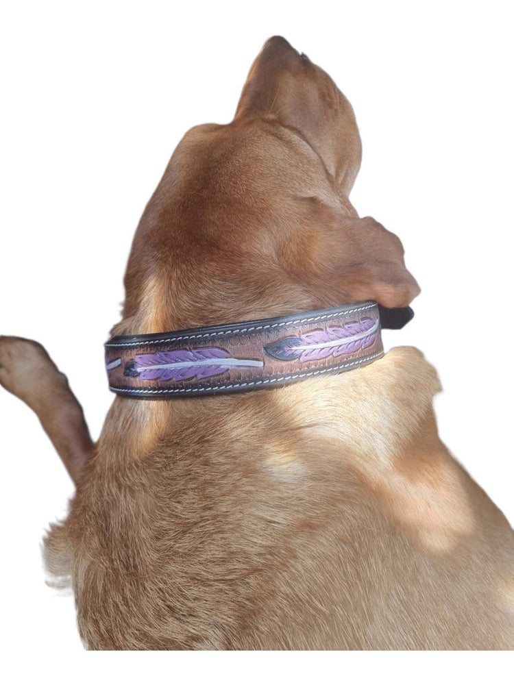 Hand Tooled Leather Dog Collar: Western Boho Feather Design