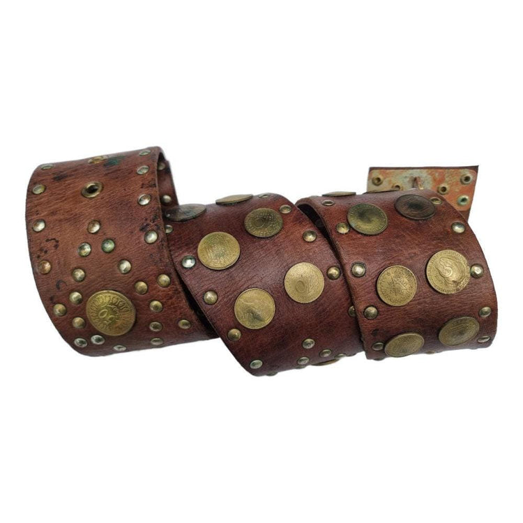 Boho Wide Leather Waist Belt: Upcycled Coins, Moroccan Design