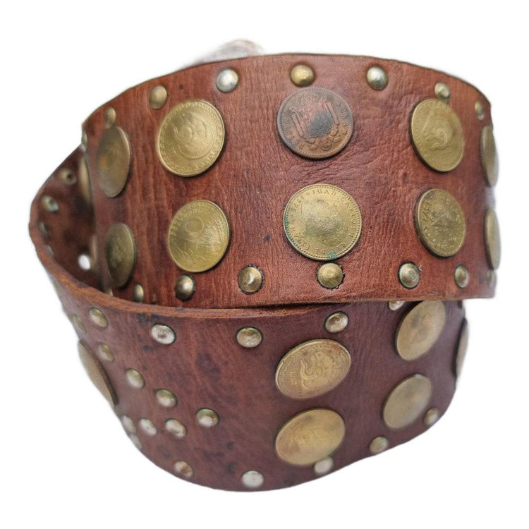 Boho Wide Leather Waist Belt: Upcycled Coins, Moroccan Design