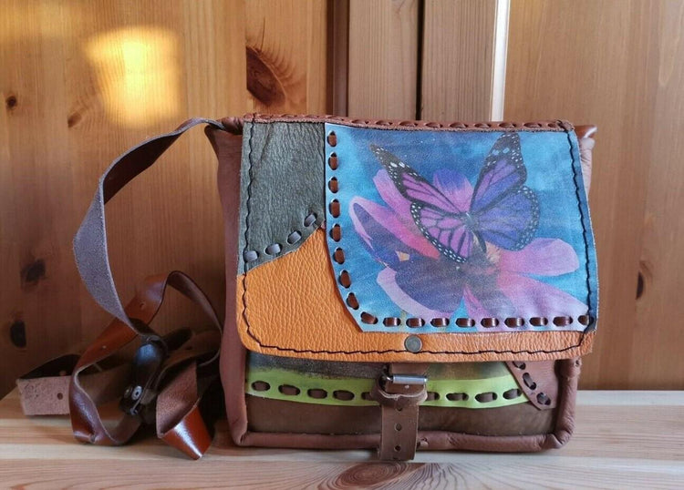 Vintage Butterfly Leather Bag, Dog Lover Handbag, Upcycled Patchwork Purse, Boho Crossbody Bag, 70s Style Leather Bag, Nature Gift