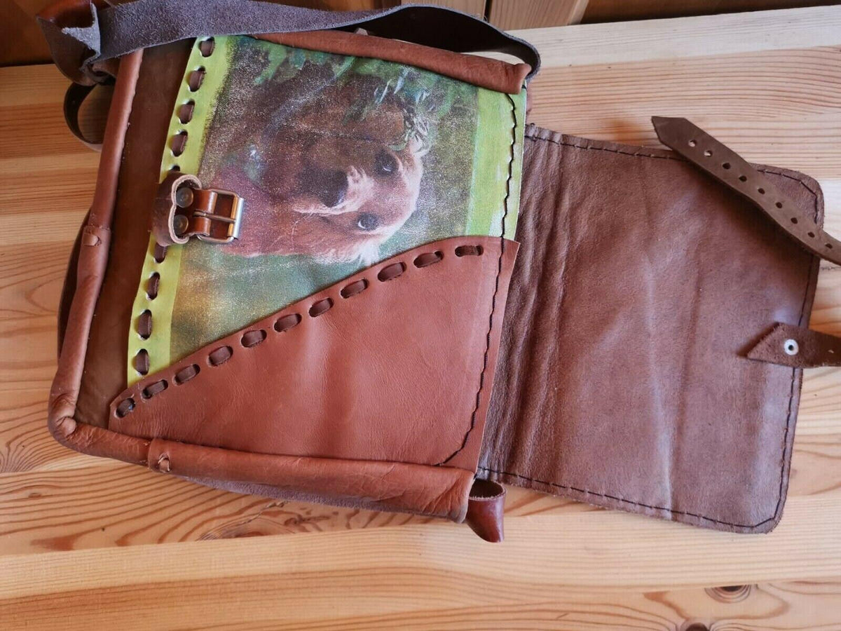 Vintage Butterfly Leather Bag, Dog Lover Handbag, Upcycled Patchwork Purse, Boho Crossbody Bag, 70s Style Leather Bag, Nature Gift
