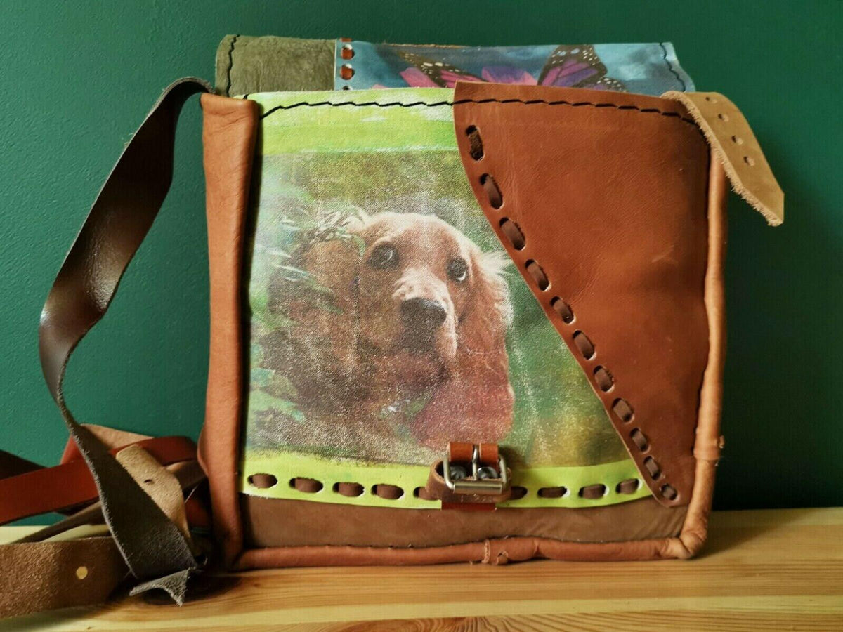 Vintage Butterfly Leather Bag, Dog Lover Handbag, Upcycled Patchwork Purse, Boho Crossbody Bag, 70s Style Leather Bag, Nature Gift