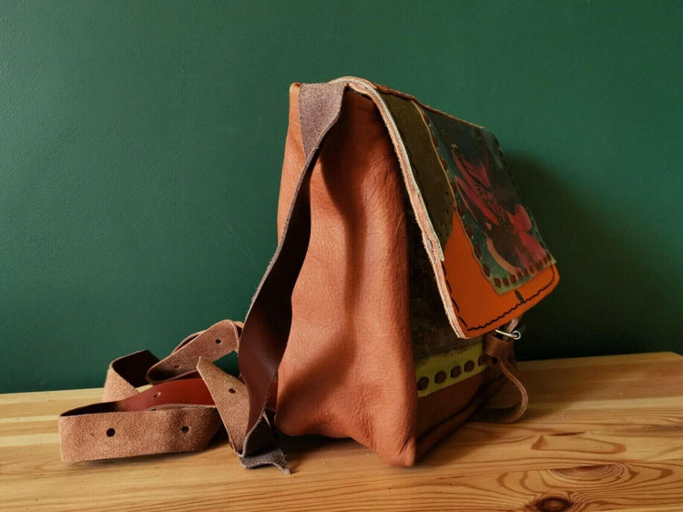 Vintage Butterfly Leather Bag, Dog Lover Handbag, Upcycled Patchwork Purse, Boho Crossbody Bag, 70s Style Leather Bag, Nature Gift