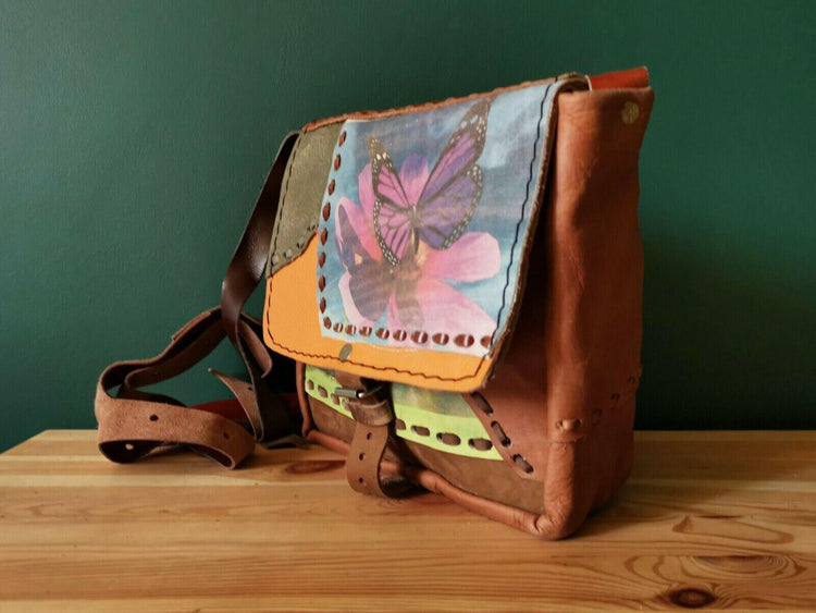 Vintage Butterfly Leather Bag, Dog Lover Handbag, Upcycled Patchwork Purse, Boho Crossbody Bag, 70s Style Leather Bag, Nature Gift