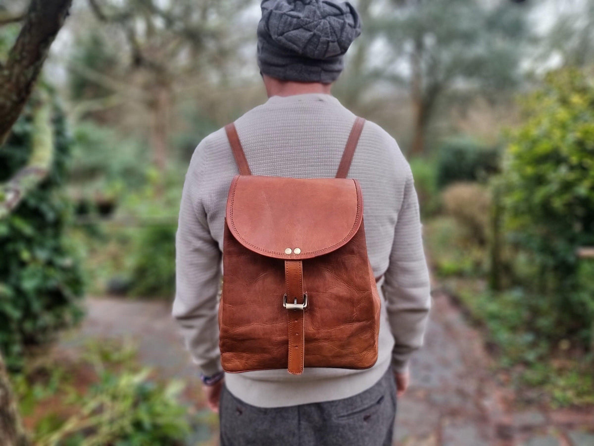 Leather Backpack, Foldable Travel Rucksack, Unisex Boho Backpack, Minimalist Leather Daypack, Lightweight City Bag, New Parent Gift