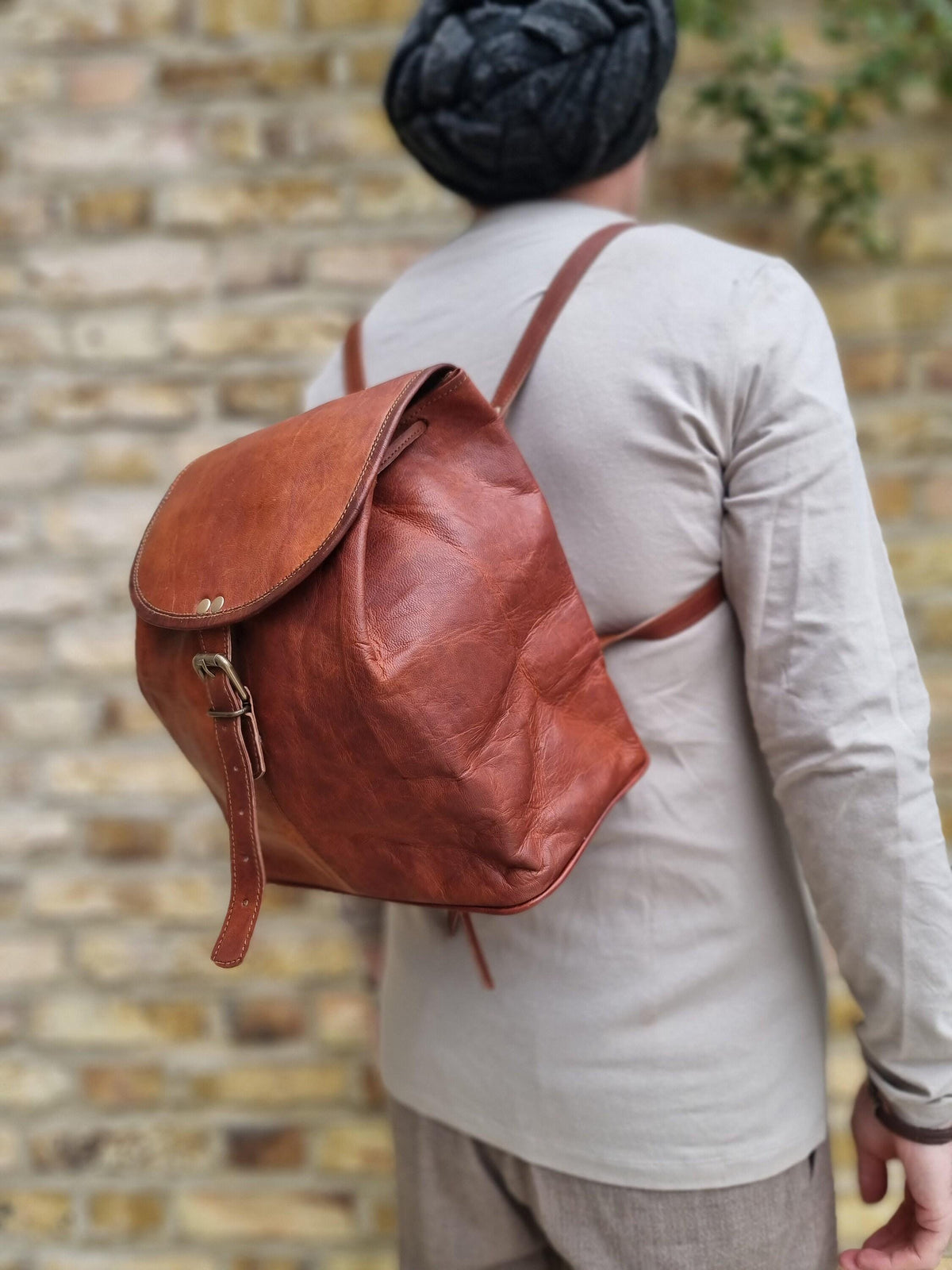 Leather Backpack, Foldable Travel Rucksack, Unisex Boho Backpack, Minimalist Leather Daypack, Lightweight City Bag, New Parent Gift