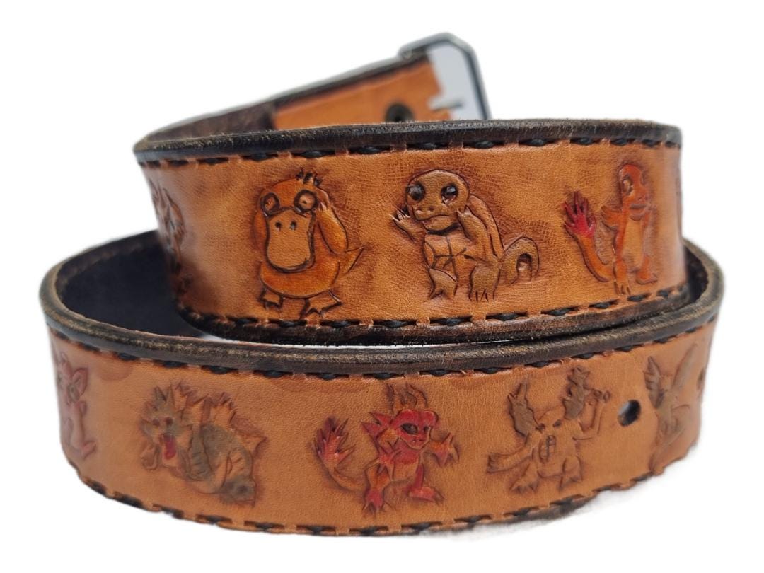 Unique pokémon leather belt, pikachu cosplay accessories, tooled leather belt, unisex slim leather belt for women and men, pokémon gift