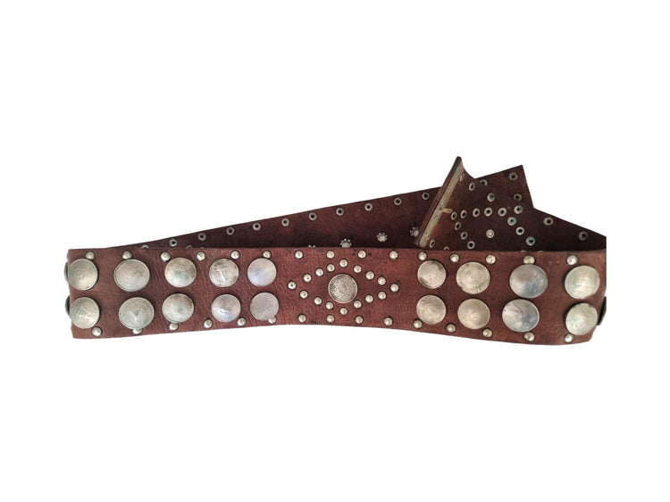 Vintage Wide Leather Belt: Bohemian Studded Coin Design