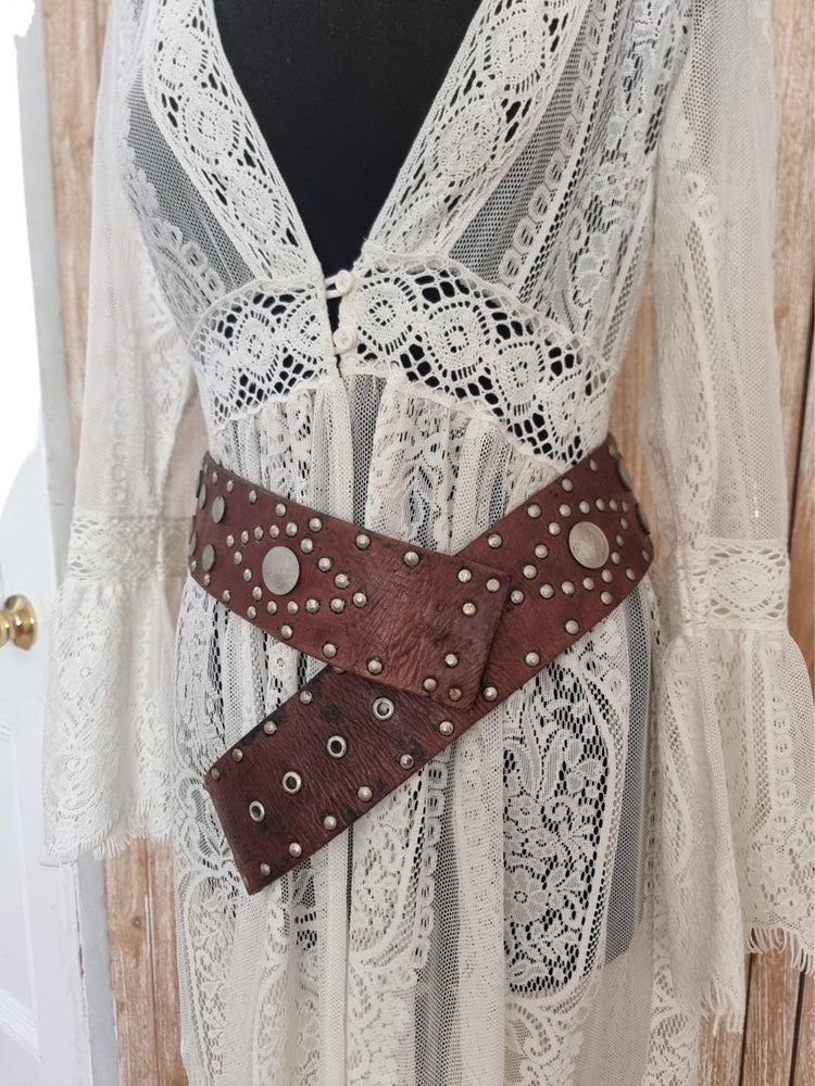 Vintage Wide Leather Belt: Bohemian Studded Coin Design
