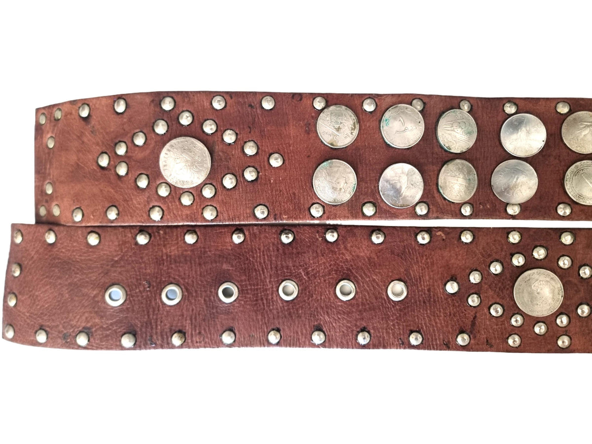 Vintage Wide Leather Belt: Bohemian Studded Coin Design