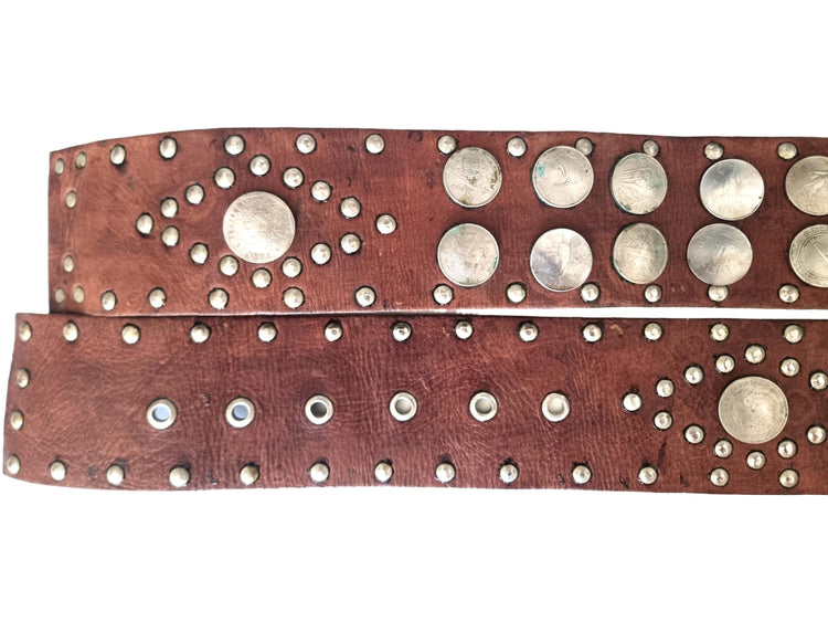 Vintage Wide Leather Belt: Bohemian Studded Coin Design
