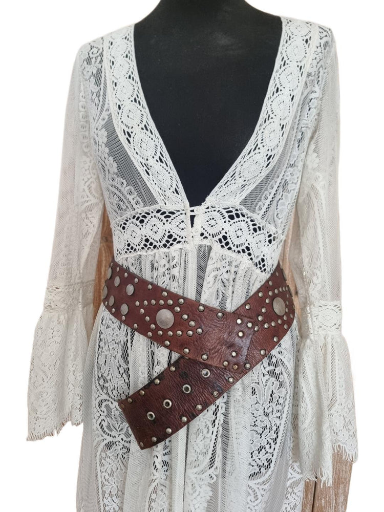 Vintage Wide Leather Belt: Bohemian Studded Coin Design