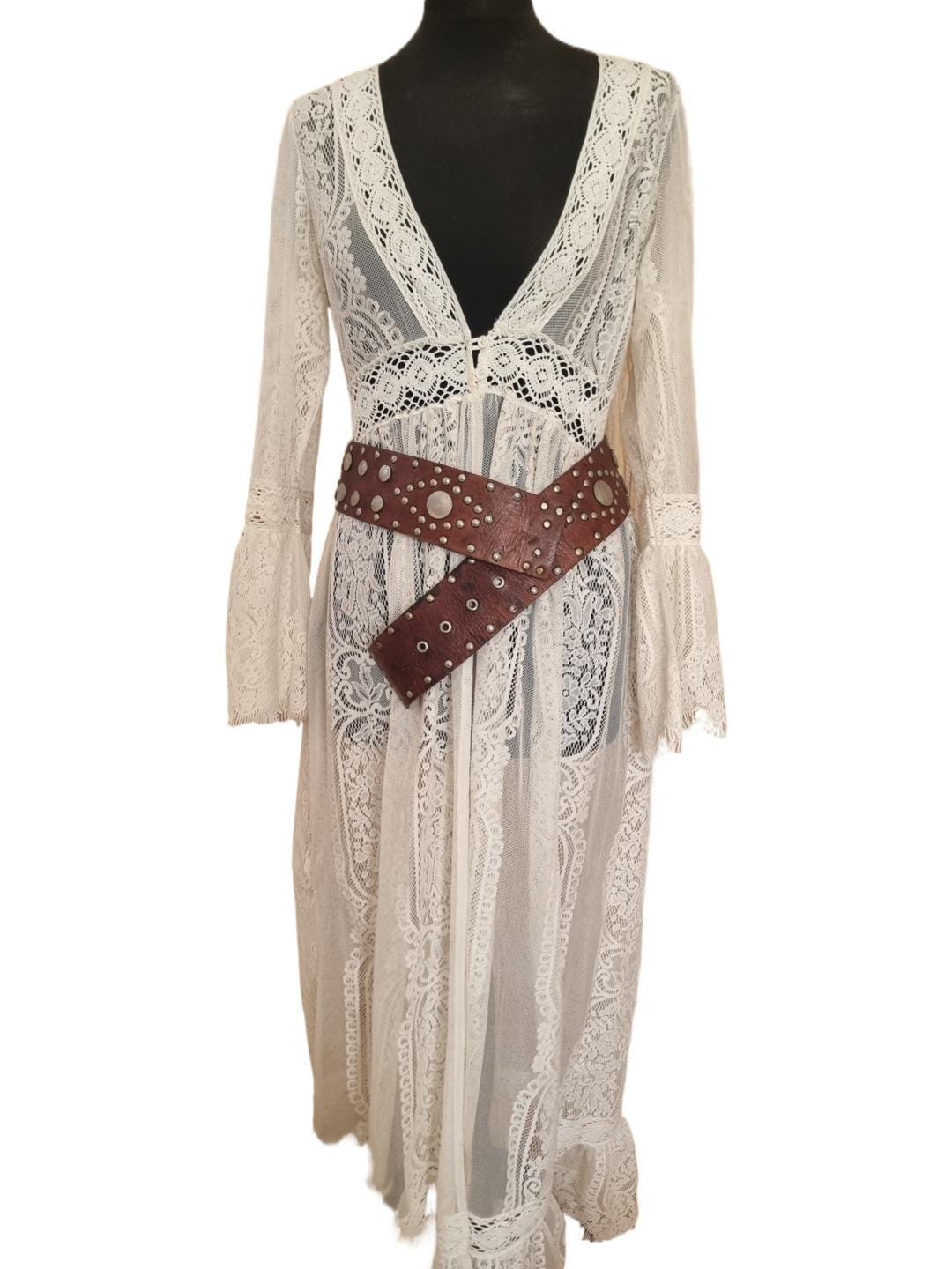 Vintage Wide Leather Belt: Bohemian Studded Coin Design