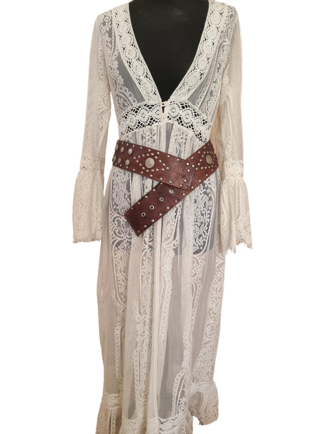 Vintage Wide Leather Belt: Bohemian Studded Coin Design