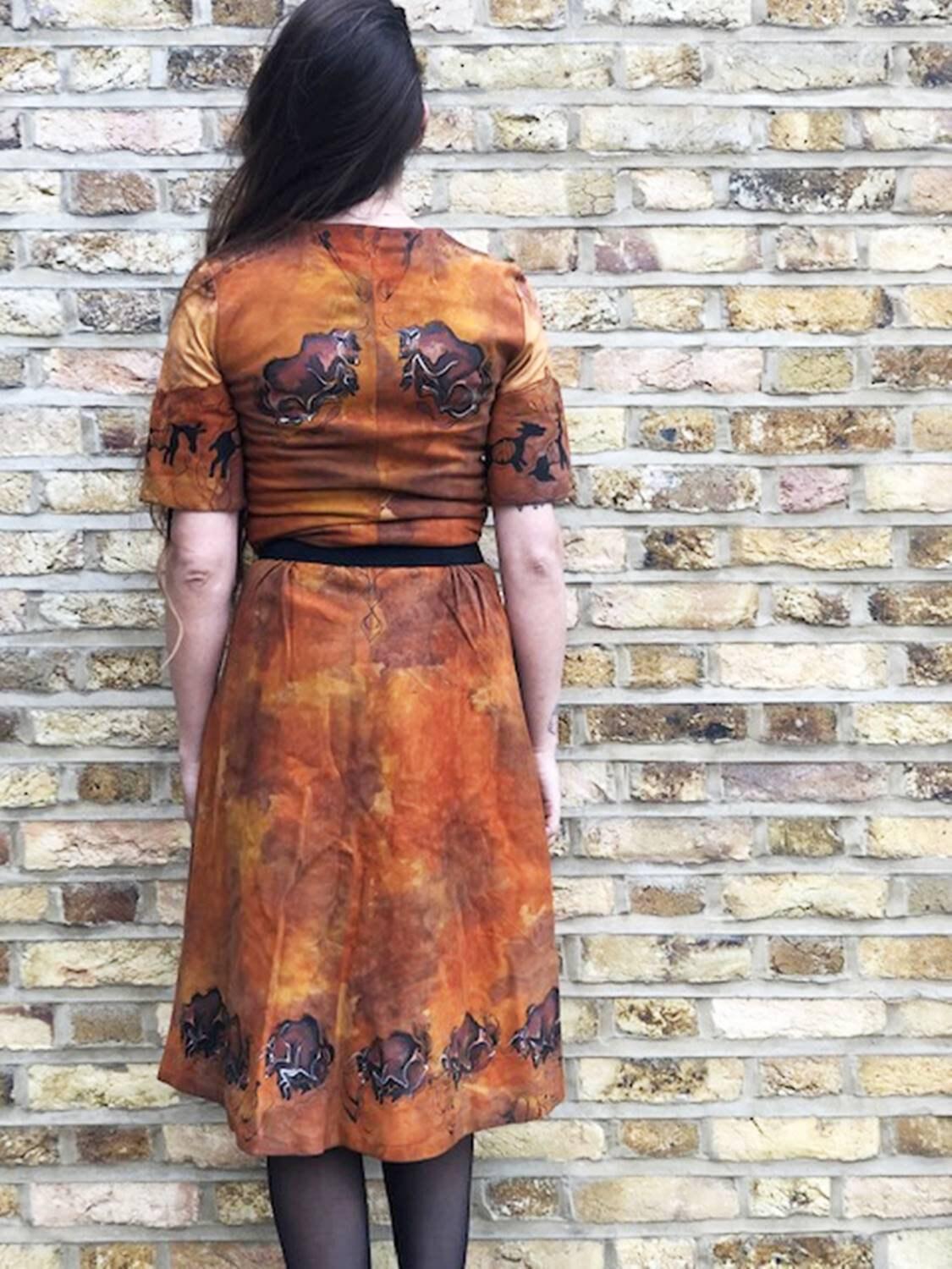 Vintage 3 Piece Leather Set, Western Suede Co Ord, Leather Bell Bottom Trousers, Hand Painted Buffalo Outfit, Cowgirl Costume XS UK 6