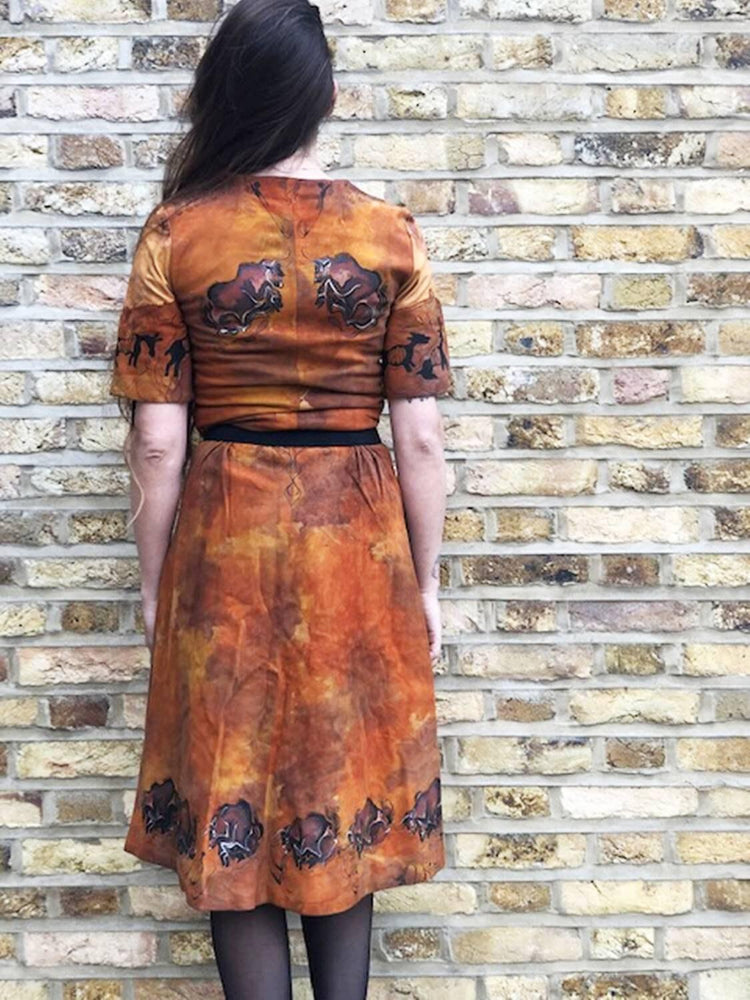 Vintage 3 Piece Leather Set, Western Suede Co Ord, Leather Bell Bottom Trousers, Hand Painted Buffalo Outfit, Cowgirl Costume XS UK 6