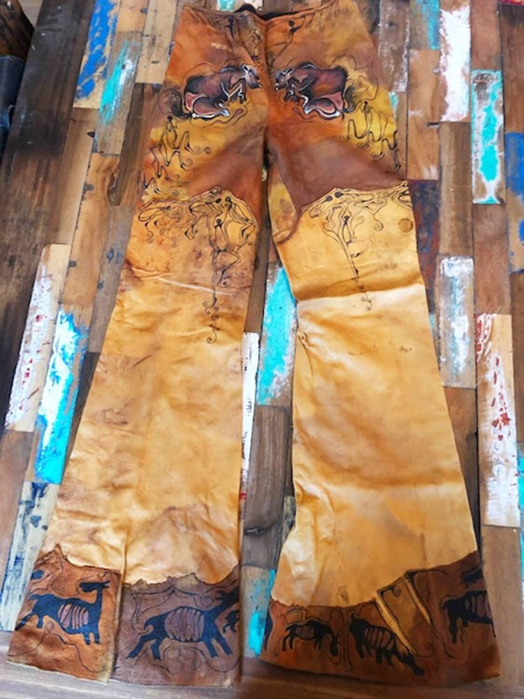 Vintage 3 Piece Leather Set, Western Suede Co Ord, Leather Bell Bottom Trousers, Hand Painted Buffalo Outfit, Cowgirl Costume XS UK 6