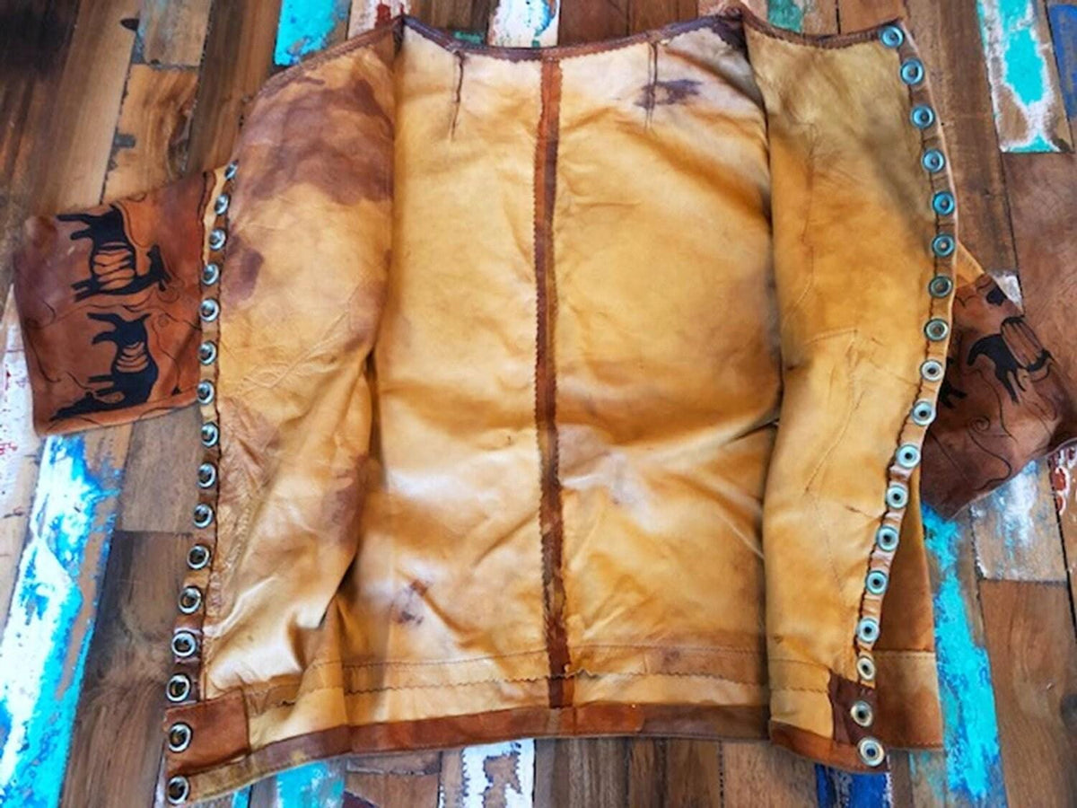 Vintage 3 Piece Leather Set, Western Suede Co Ord, Leather Bell Bottom Trousers, Hand Painted Buffalo Outfit, Cowgirl Costume XS UK 6