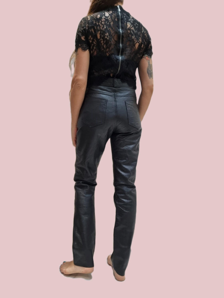Vintage Black Leather Biker Trousers: 80s Motorcycle Pants XS