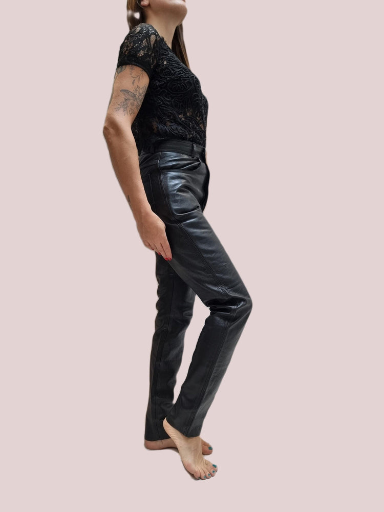 Vintage Black Leather Biker Trousers: 80s Motorcycle Pants XS