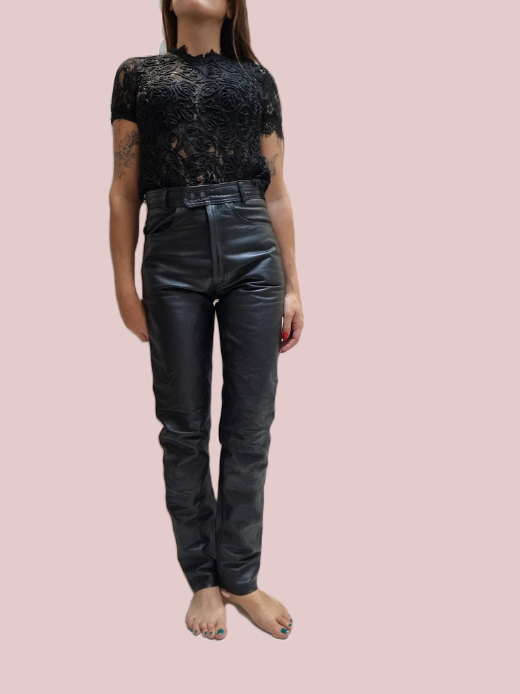 Vintage Black Leather Biker Trousers: 80s Motorcycle Pants XS