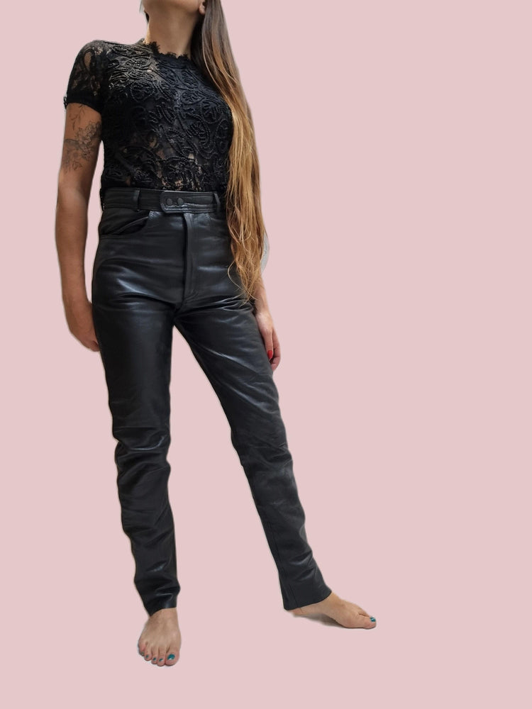 Vintage Black Leather Biker Trousers: 80s Motorcycle Pants XS