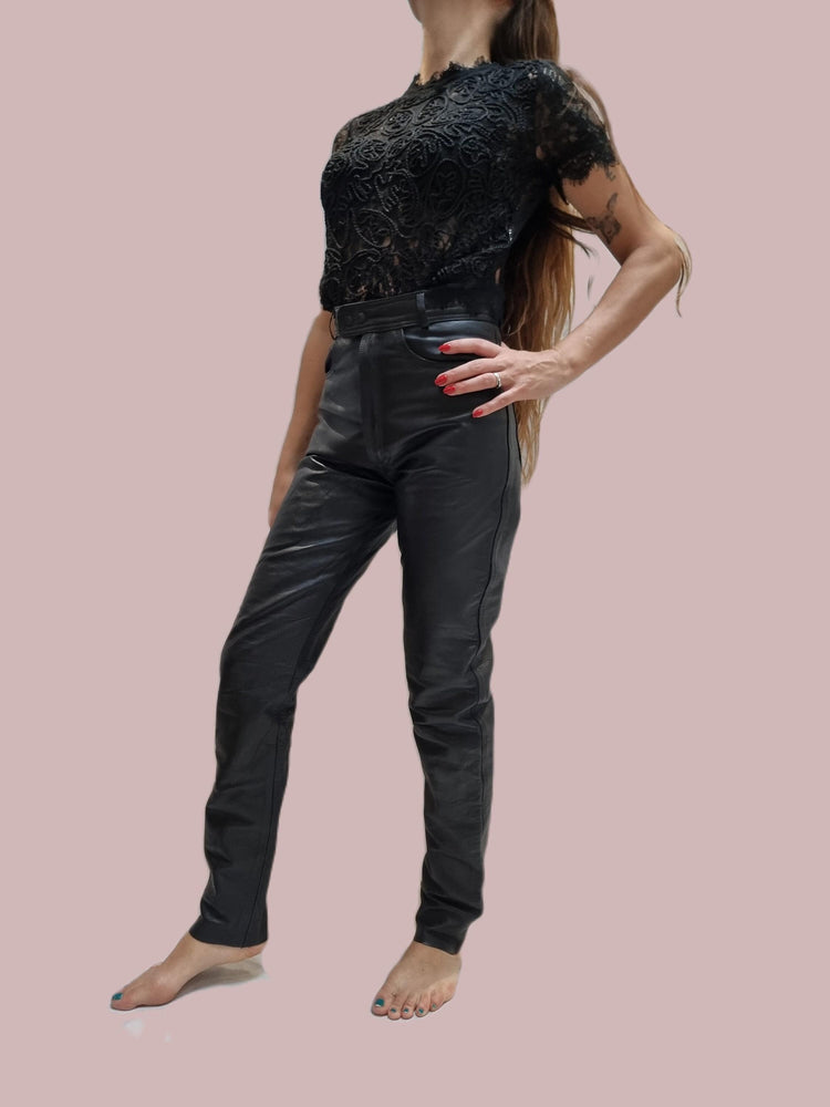 Vintage Black Leather Biker Trousers: 80s Motorcycle Pants XS