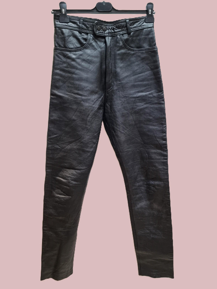 Vintage Black Leather Biker Trousers: 80s Motorcycle Pants XS