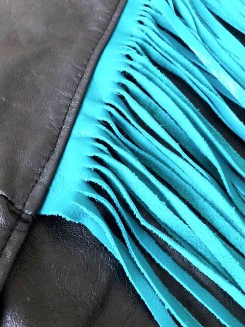 Vintage Leather Fringe Skirt Black Blue Genuine Leather Steampunk Skirt Boho Festival Biker Skirt Size S