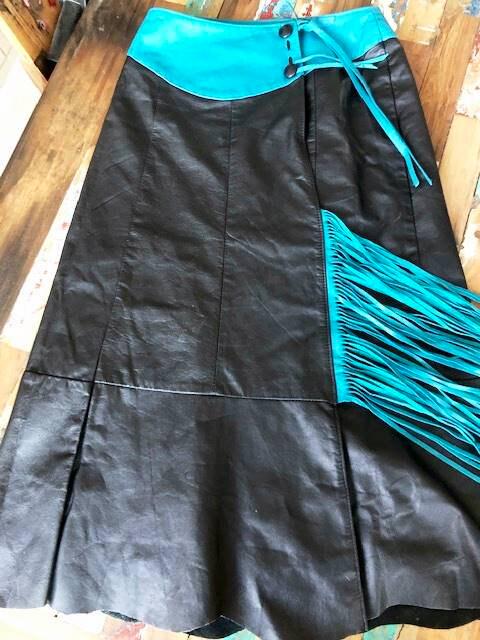 Vintage Leather Fringe Skirt Black Blue Genuine Leather Steampunk Skirt Boho Festival Biker Skirt Size S