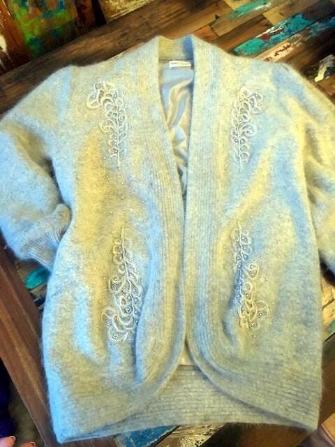 Vintage Grey Wool Cardigan Jacket, Floral Embroidered Boho Knit, 80s 90s Romantic Folklore Sweater, Open Front