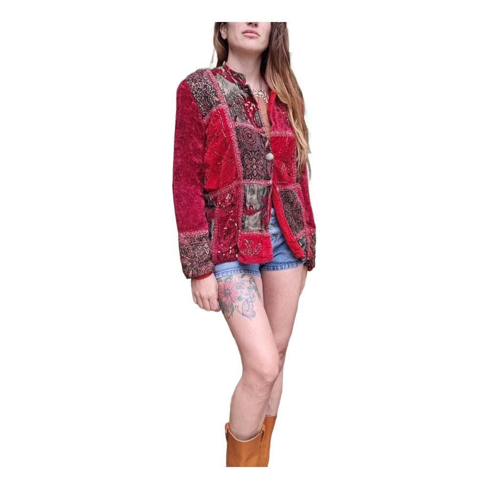 Embroidered Velvet Patchwork Jacket: Upcycled Banjara Tapestry, Boho Hippie Style