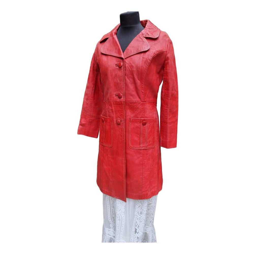 1960s Red Leather Trench Coat: Vintage Rockabilly Style (Size S-M