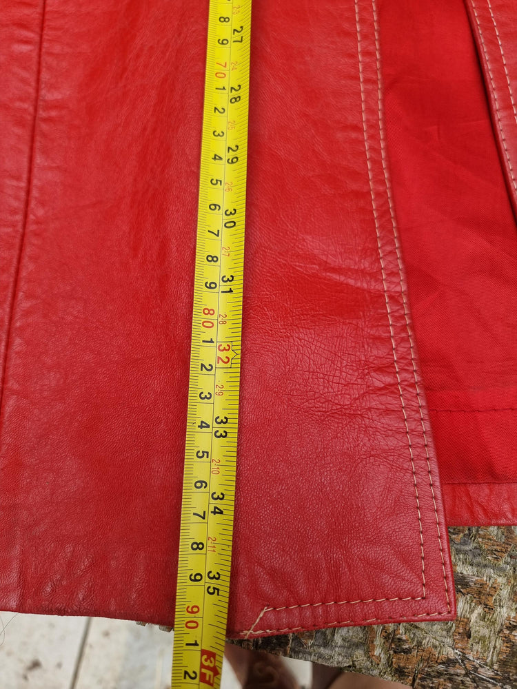 1960s Red Leather Trench Coat: Vintage Rockabilly Style (Size S-M