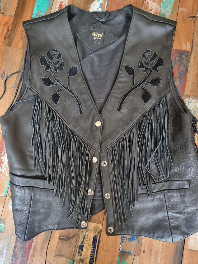 Vintage Leather Biker Vest: Tassel Fringe, Rose Detail - Size M