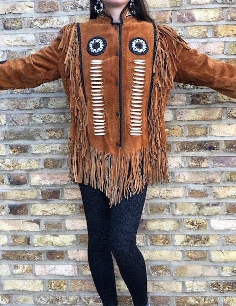 Vintage Suede Fringe Jacket: Native American Style Beaded Leather Coat XL-XXL