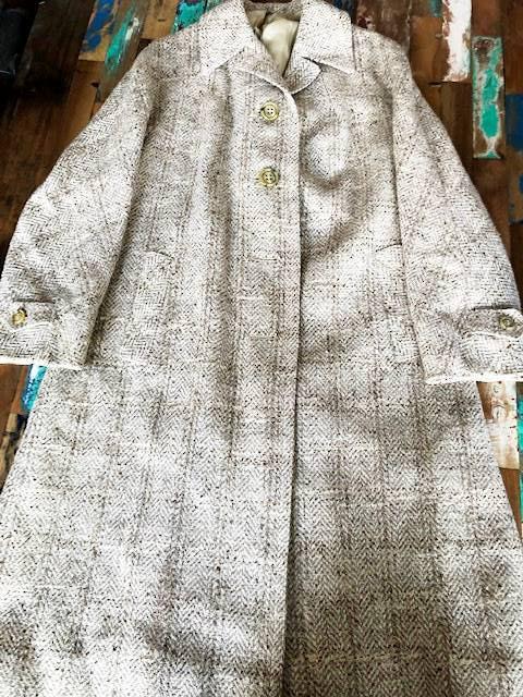 Vintage 50s Tweed Wool Coat: Houndstooth Herringbone Beige - Size S