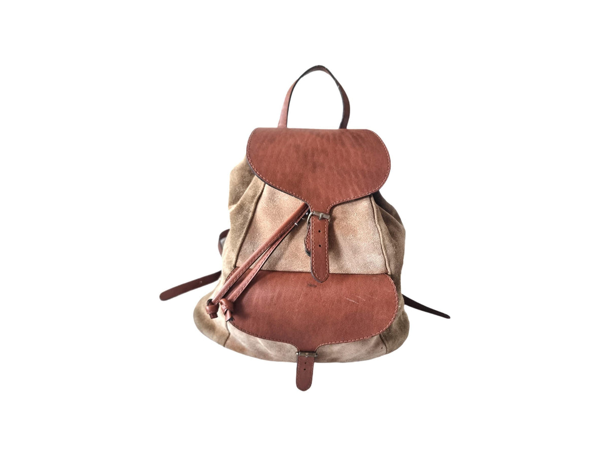 1970s Leather Suede Backpack: Small Vintage Drawstring Rucksack