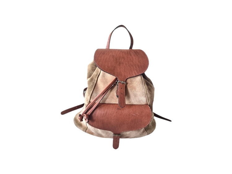 1970s Leather Suede Backpack: Small Vintage Drawstring Rucksack