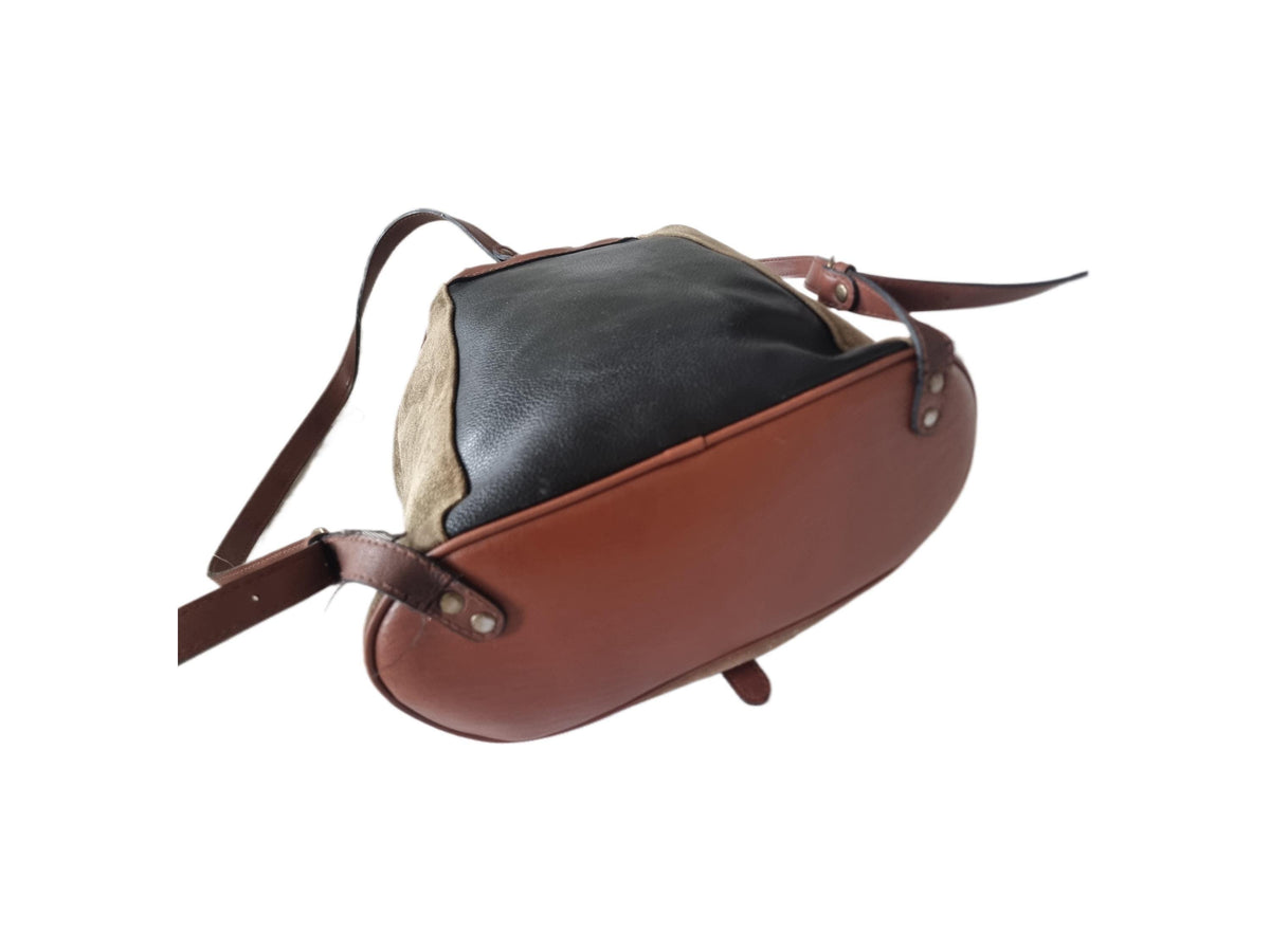 1970s Leather Suede Backpack: Small Vintage Drawstring Rucksack